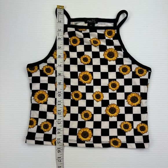 Rue 21 Crop Tank Top Size Small Black White Checkered Sunflowers Y2K - Picture 4 of 6